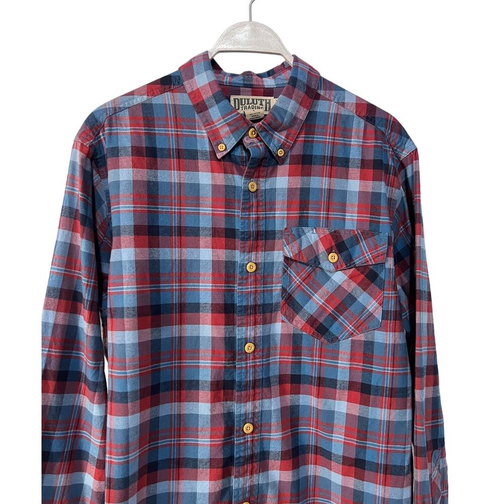 Duluth Trading Co Mens Large Free Swingin Flannel Trim Fit Shirt Blue Red Plaid - Picture 10 of 13